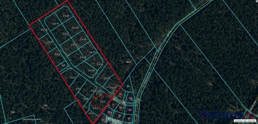 5.5 ha liels zemesgabals Mangaļsalā. Zemesgabals sadalīts 24 mazākos zemesgabalos (1200 - 2600